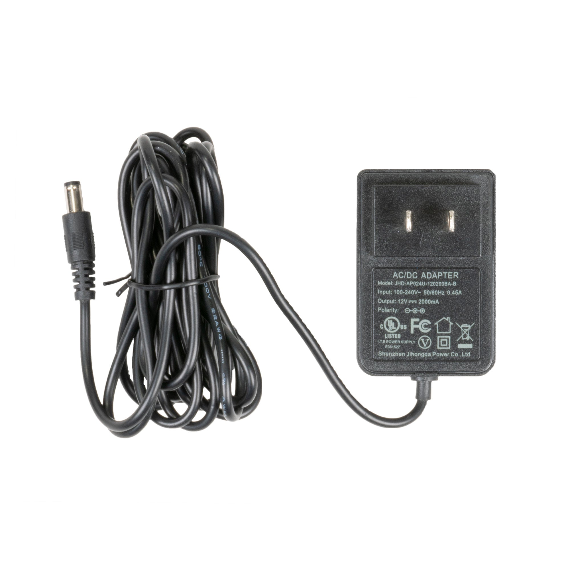 Close view of the 5.5 by 2.1 millimetre centre-positive barrel plug on the end of the power supply cable