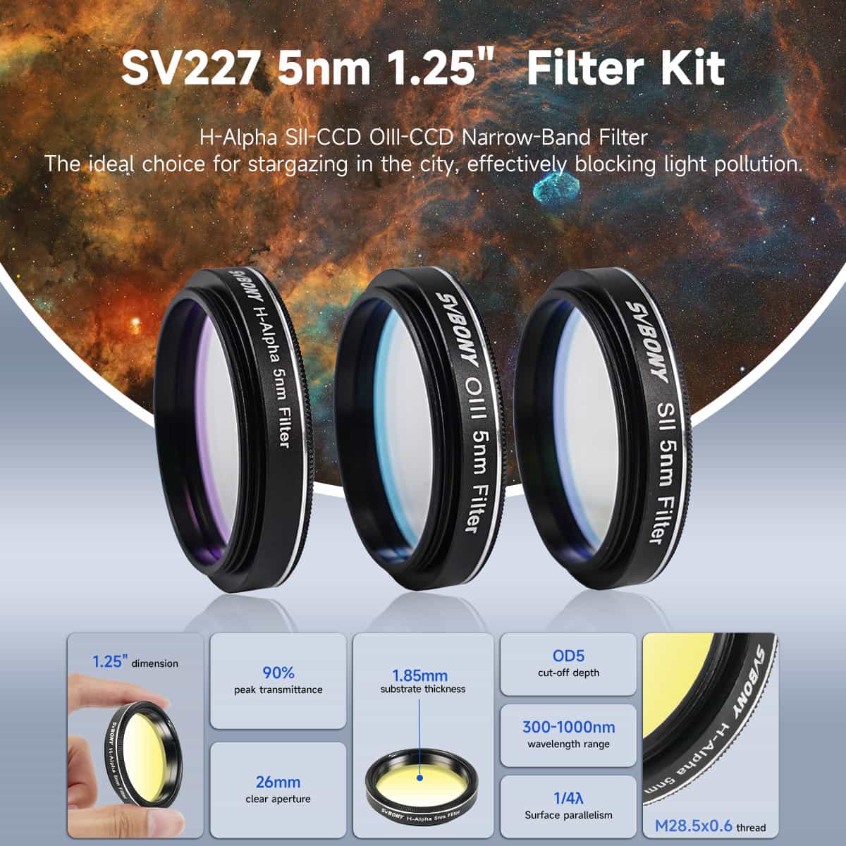 SVBONY SV227 1.25 inch SHO 5nm narrowband filter set for deep-sky nebula imaging