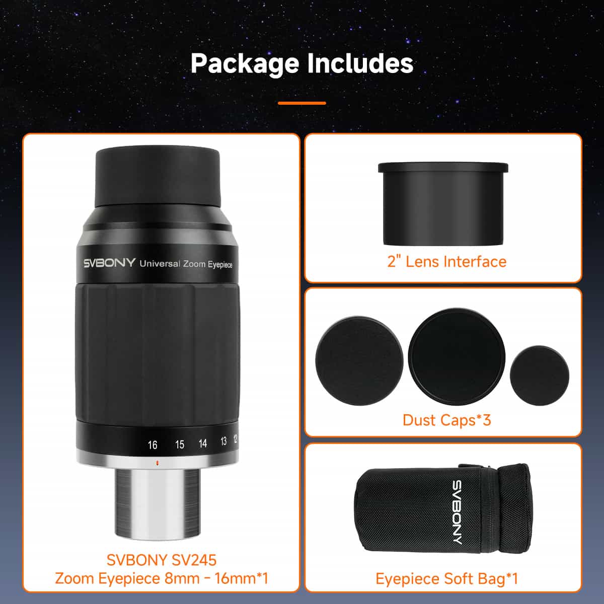 SVBONY SV245 8-16mm zoom eyepiece 1.25 and 2 inch for planetary and lunar observing
