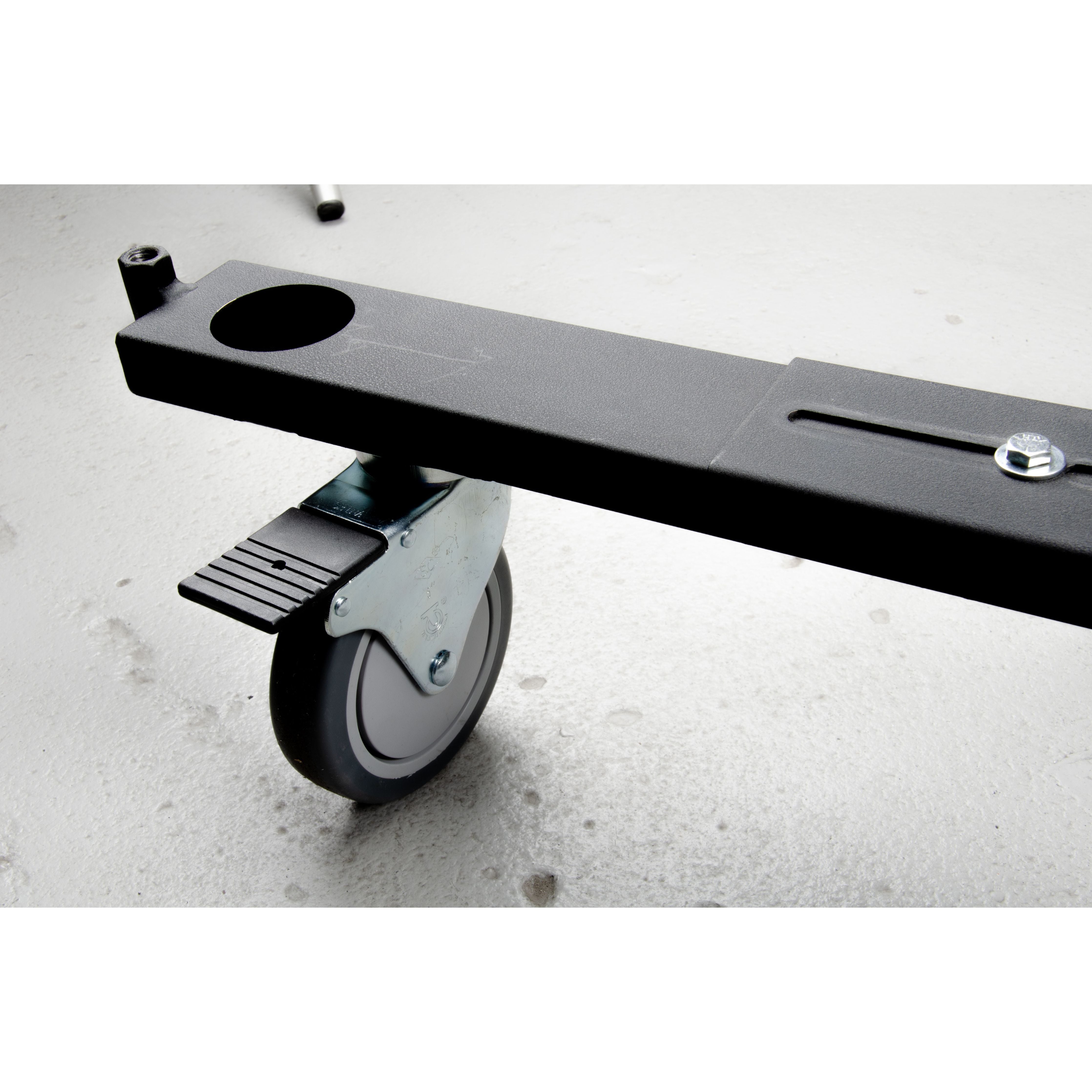JMI Medium Universal Wheeley Bar underside showing leveling bolts and caster wheels