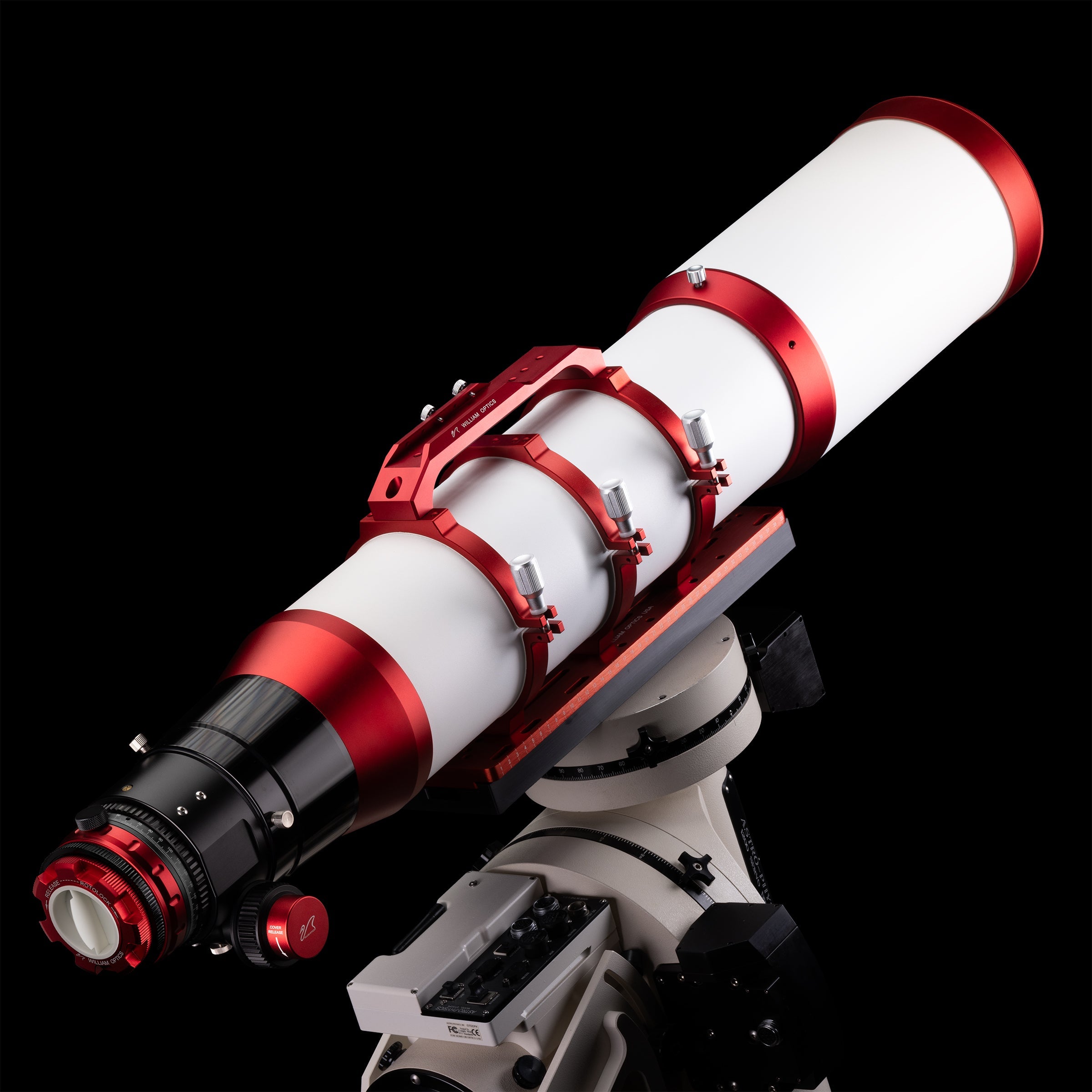 William Optics Fluorostar 156 APO refractor perspective view with Losmandy dovetail and tube rings