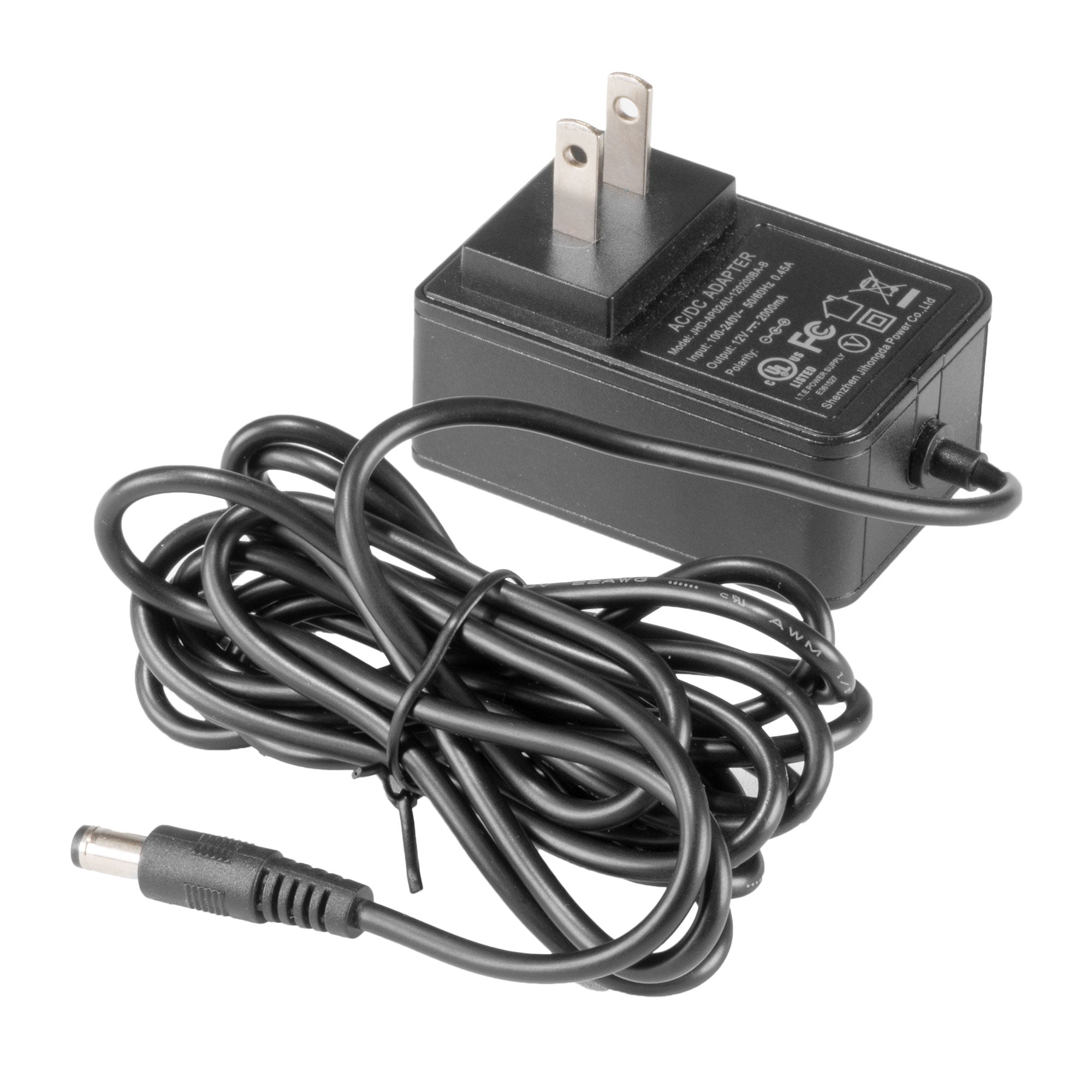 Explore Scientific 12 volt DC 2 amp AC power adapter with black moulded body and attached output cable
