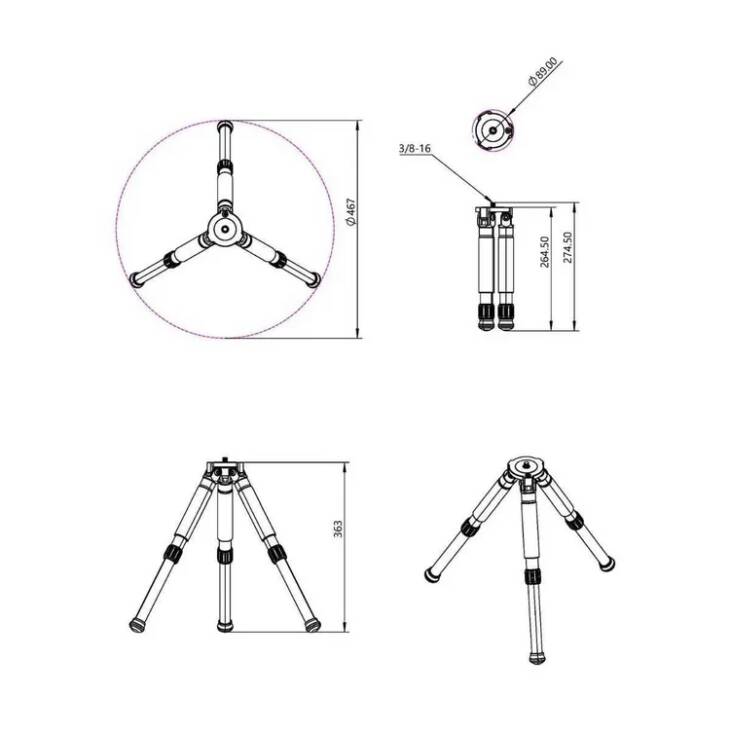 ZWO TC20 Carbon Fiber Tripod size and thread diagram